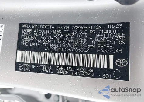 2024 Toyota Corolla Hybrid Le from USA, damaged, VIN JTDBDMHE2RJ006202